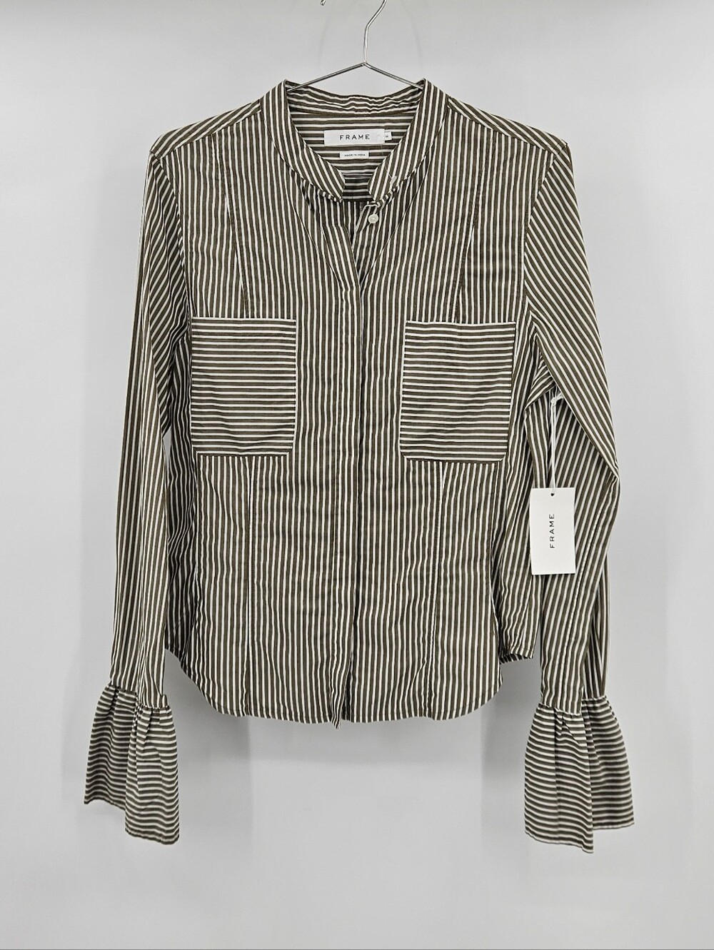 NWT Frame Bell Sleeve Sage Green Striped Top Button Up M
